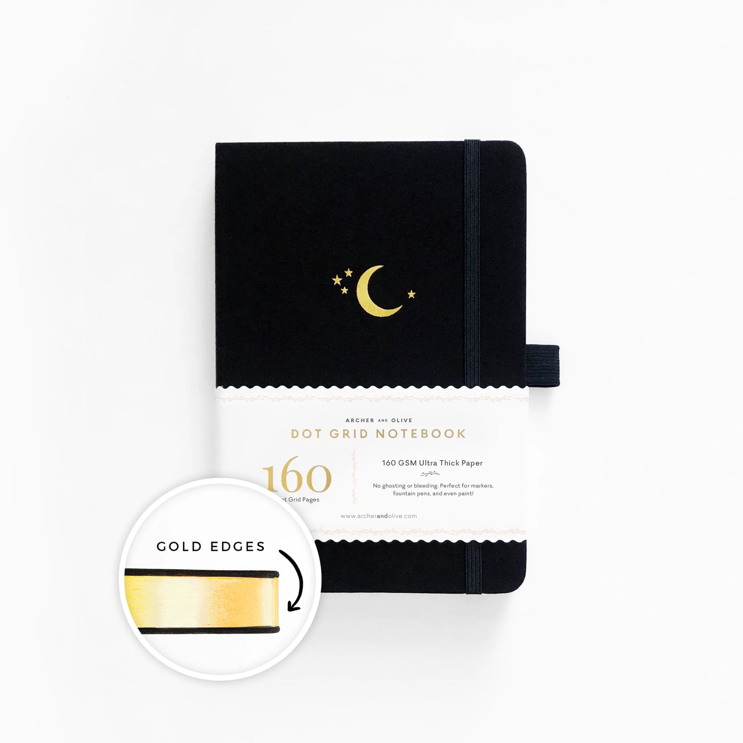 A5 Crescent Moon - White Dot Grid Notebook (Gold Edges)
