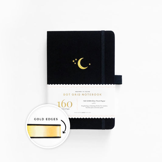 A5 Crescent Moon - White Dot Grid Notebook (Gold Edges)